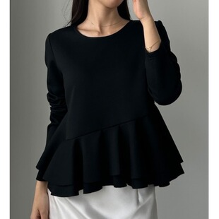 打底衫 长袖 卫衣外套剪裁上衣纯色圆领荷叶边套头T恤 女装 春秋新款