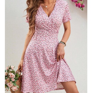 甜美小清新夏季新款法式时尚V领小碎花修身短袖连衣裙中裙女DRESS
