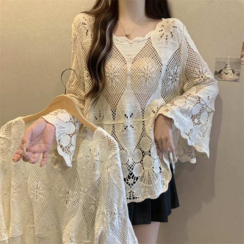 秋新款大码女装镂空钩花喇叭袖针织衫宽松上衣设计感防晒罩衫外搭