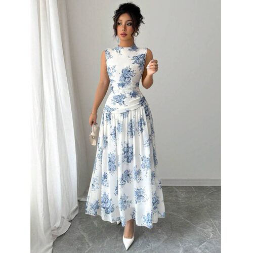 气质长裙欧美夏季新款时尚圆领印花修身显瘦A字无袖连衣裙女DRESS