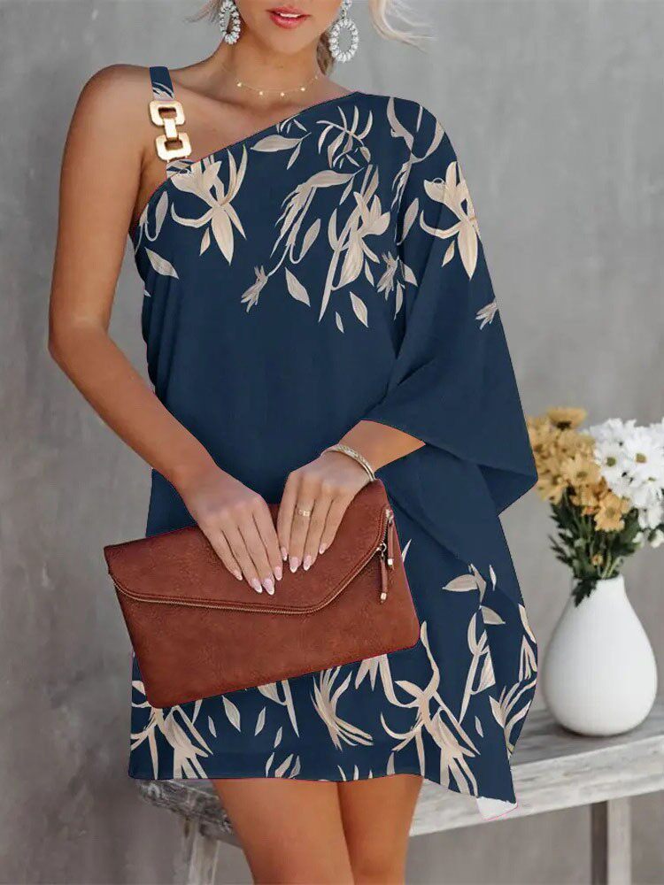 斜领性感印花短袖连衣裙礼服