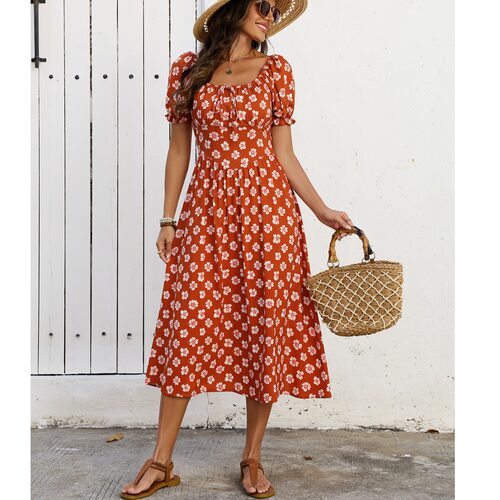 夏季一字领印花系带打揽收腰人棉两穿法中长款短袖连衣裙女DRESS
