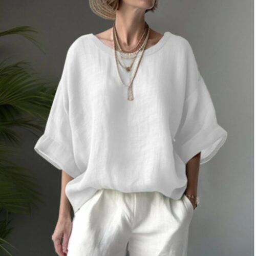 欧美大码圆领纯色宽松短袖上衣女