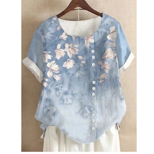 大码女装圆领印花短袖衬衫M-5XL