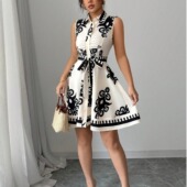 翻领单排扣绑带收腰印花无袖 跨境欧美风夏季 新款 背心连衣裙DRESS