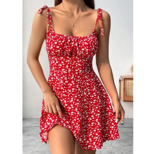 法式碎花一字领吊带连衣裙短裙女