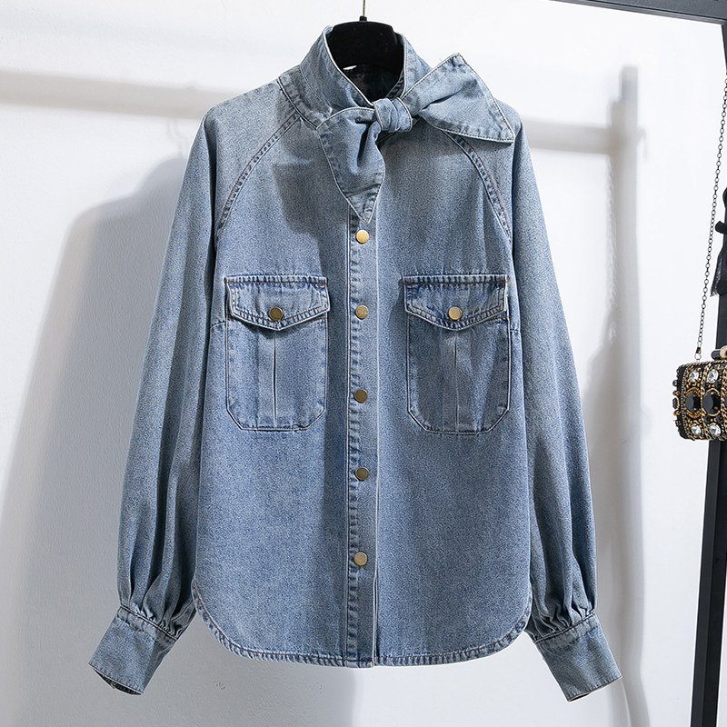 实拍系带立领牛仔衬衣外套女宽松版型工装口袋复古金扣灯笼袖衬衫