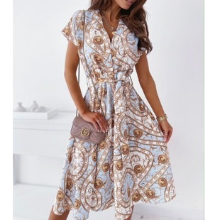 连衣裙送腰带DRESS 短袖 欧洲站速卖通夏季 轻熟甜美大花单排扣衬衫