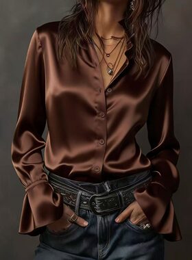 春季新款上班通勤OL时尚欧美风纯色立领单排扣华尔缎长袖衬衫上衣