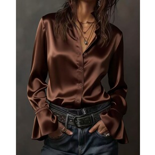 春季新款上班通勤OL时尚欧美风纯色立领单排扣华尔缎长袖衬衫上衣