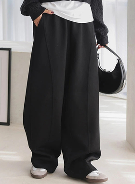 日系秋冬新款时尚浅灰色宽松慵懒风弯刀型休闲显瘦百搭阔腿长裤女