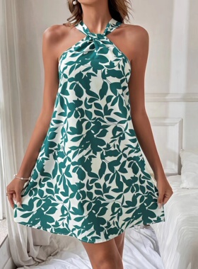 欧美速卖通小个子夏季时尚吊带树叶印化挂脖无袖连衣裙短裙DRESS