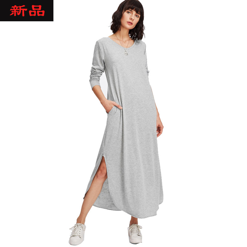2018春夏新品欧美女装下摆开叉纯色修身长袖连衣长裙Dress women