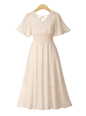 夏季新品大码女装欧洲站纯色v领雪纺长款短袖连衣裙Summer dress