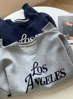 美式短款灰色圆领上衣女春秋季薄款小个子宽松设计感小众套头卫衣