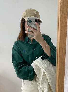 高级感墨绿色衬衫女2022年新款韩版气质别致洋气刺绣衬衣长袖上衣