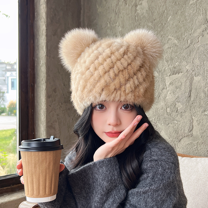 休闲可爱水貂毛编织皮草帽子冬季保暖狐狸毛球球护耳亲子真毛帽
