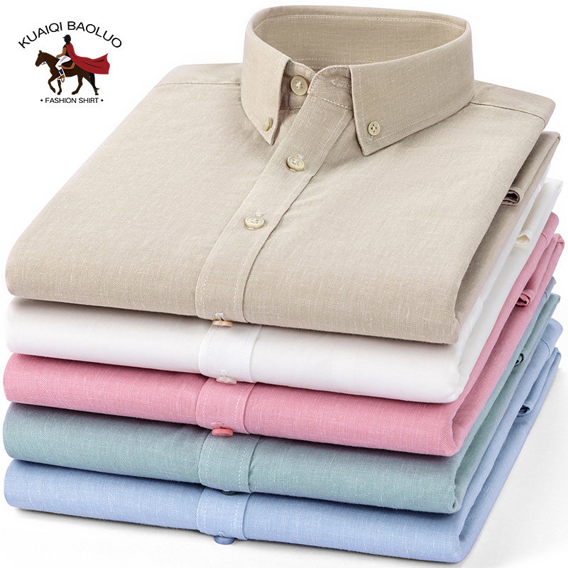 保罗春季男士棉麻长袖衬衫中青年文艺休闲纯色亚麻舒适透气黄衬衣