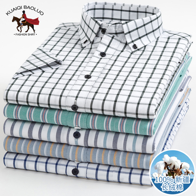 保罗100%纯棉男士格子短袖衬衫