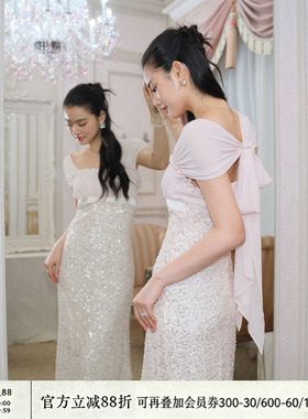 J TheChosen“柔蔓”原创设计 亮片飘带拼接蝴蝶结修身雪纺连衣裙