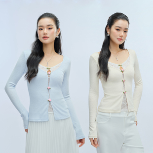 假两件蕾丝镂空针织衫 TheChosen 初绽 上衣 亮片花朵打底衫
