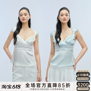 J TheChosen“柔时”缎面钉珠拼接v领绑带收腰背心上衣