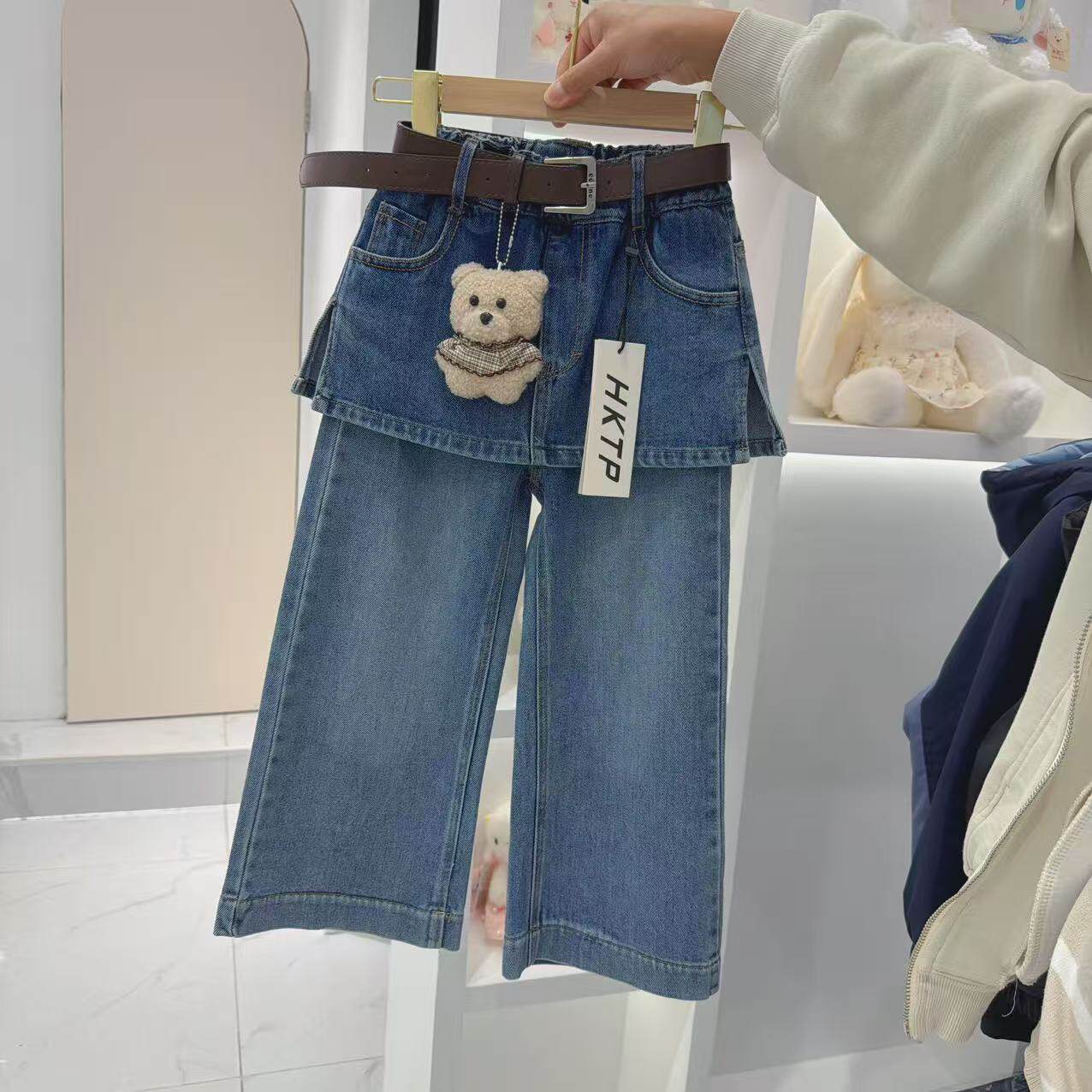 女童牛仔裤2026春秋款儿童洋气时髦假两件套裙子屁帘宝宝秋季裤子