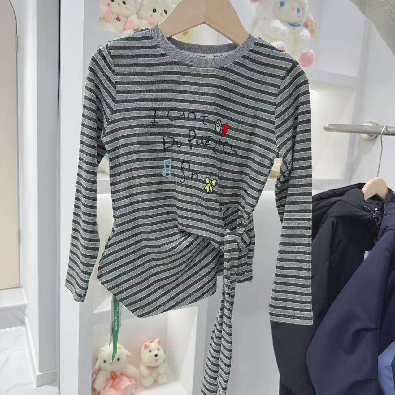 不对称条纹长袖T恤女绑带设计感显瘦遮肉航海风上衣圆领系带