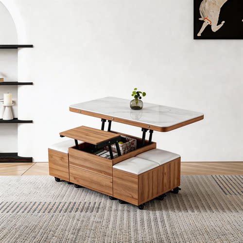 凝典实木多功能茶几小户型岩板伸缩升降茶几餐桌两用一体移动餐桌