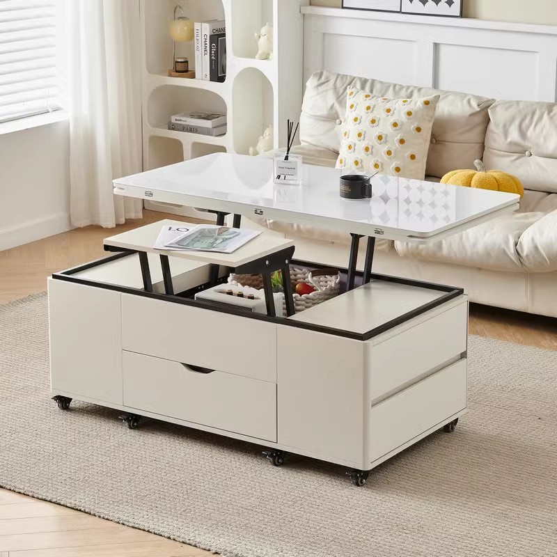 奶油风全储物款岩板升降茶几