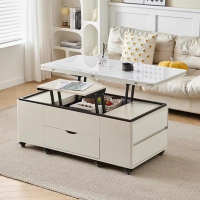 奶油风全储物款岩板升降茶几