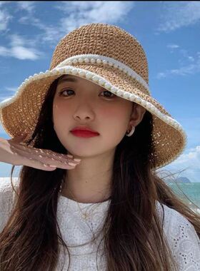 显瘦圆脸专用渔夫帽女帽子女春夏百搭大帽檐草帽夏季海边显脸小防