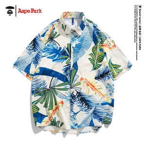 Aape Park沙滩衬衫男士短袖海边度假痞帅夏季印花衬衣男装夏威夷