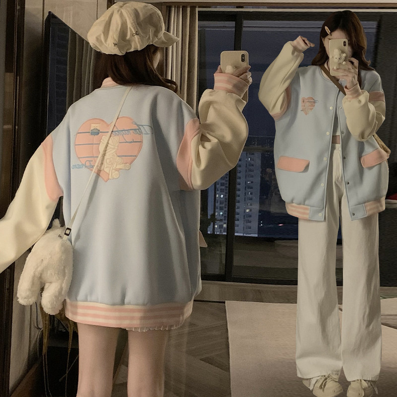 学院风棒球服外套少女春秋新款初中高中学生撞色刺绣运动开衫卫衣