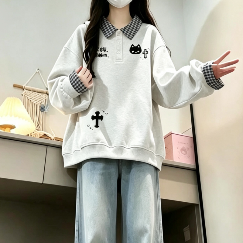 假两件衬衫领卫衣少女2026秋冬新款初高中学生宽松刺绣外穿上衣潮