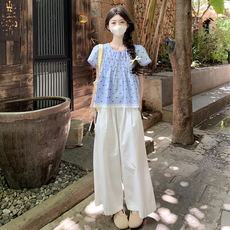 甜美短袖上衣阔腿裤套装女夏季2025新款学生宽松休闲小清新两件套