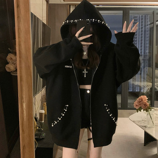 連帽重工釘珠衛(wèi)衣女秋季 外套 初高中學(xué)生寬松休閑潮牌開衫 2025新款