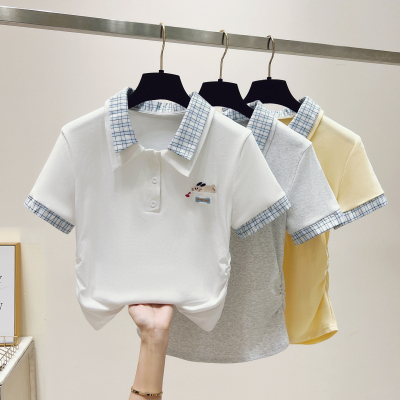 学院风格纹翻领短袖T恤少女夏季新款初高中学生小个子刺绣polo衫