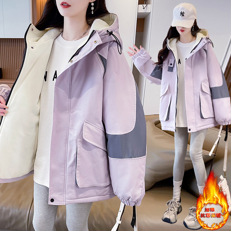 加绒加厚冲锋衣外套女冬装2025新款初中高中学生户外防风工装棉服
