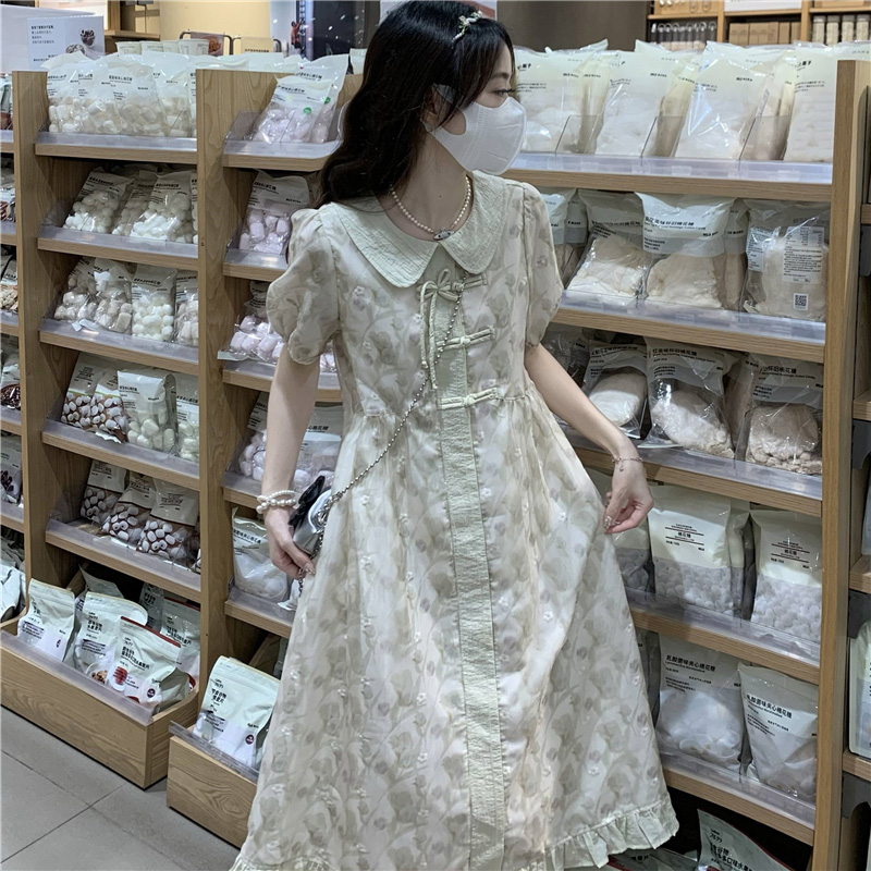 蝴蝶结盘扣短袖连衣裙少女2025春夏季新款初中高中学生荷叶边裙子