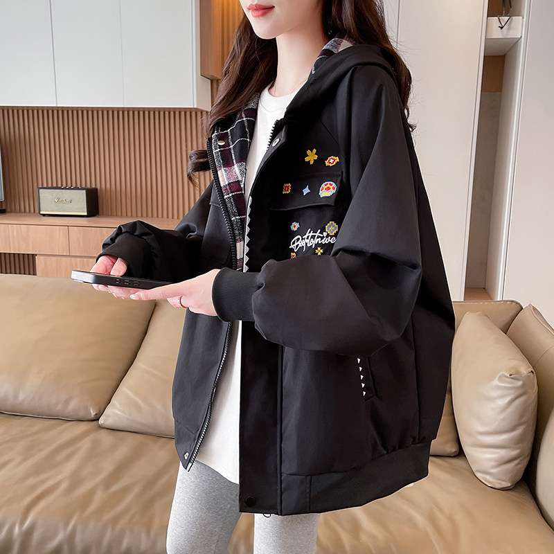 复古刺绣工装外套女2026春秋新款初高中学生宽松格纹连帽夹克上衣,女装/女士精品,短外套,淘宝优惠券,粉丝福利购,淘宝优惠卷