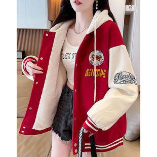 羊羔毛加厚棒球服外套少女秋冬2026新款初中高中学生洋气加绒棉服