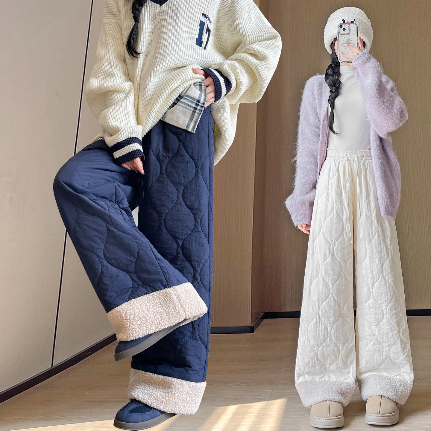 外穿保暖加绒棉裤女秋冬2025新款初高中学生休闲小个子加厚阔腿裤