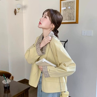 格子拼接短款工装外套女2026春秋新款初高中学生小个子休闲夹克衫
