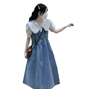春夏甜美背带连衣裙套装女2026新款初中高中学生绣花衬衣牛仔裙子