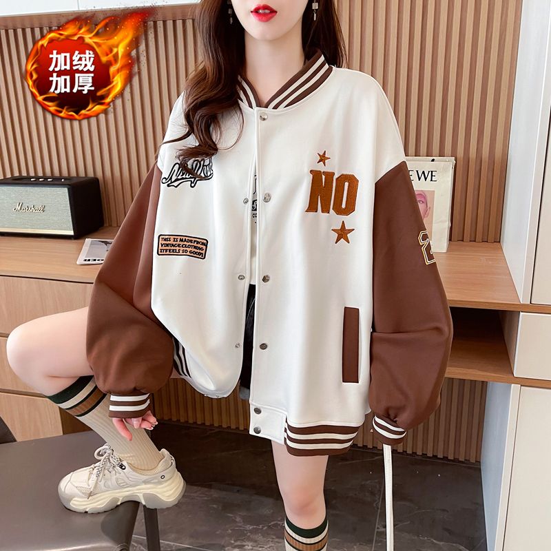 设计感加绒加厚棒球服女2025冬装新款初高中学生宽松大码卫衣外套