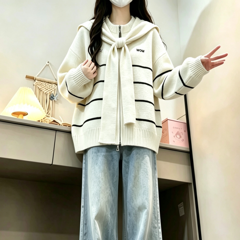 条纹披肩假两件开衫毛衣女2026秋冬新款初高中学生甜美外穿针织衫