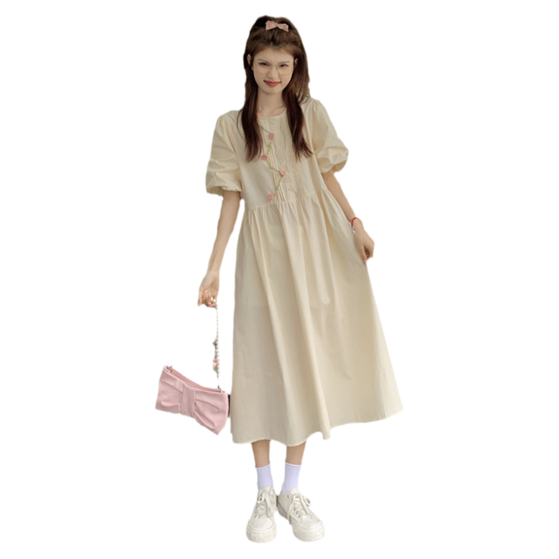 立体花朵泡泡袖连衣裙少女2025春夏新款初高中学生甜美宽松中长裙