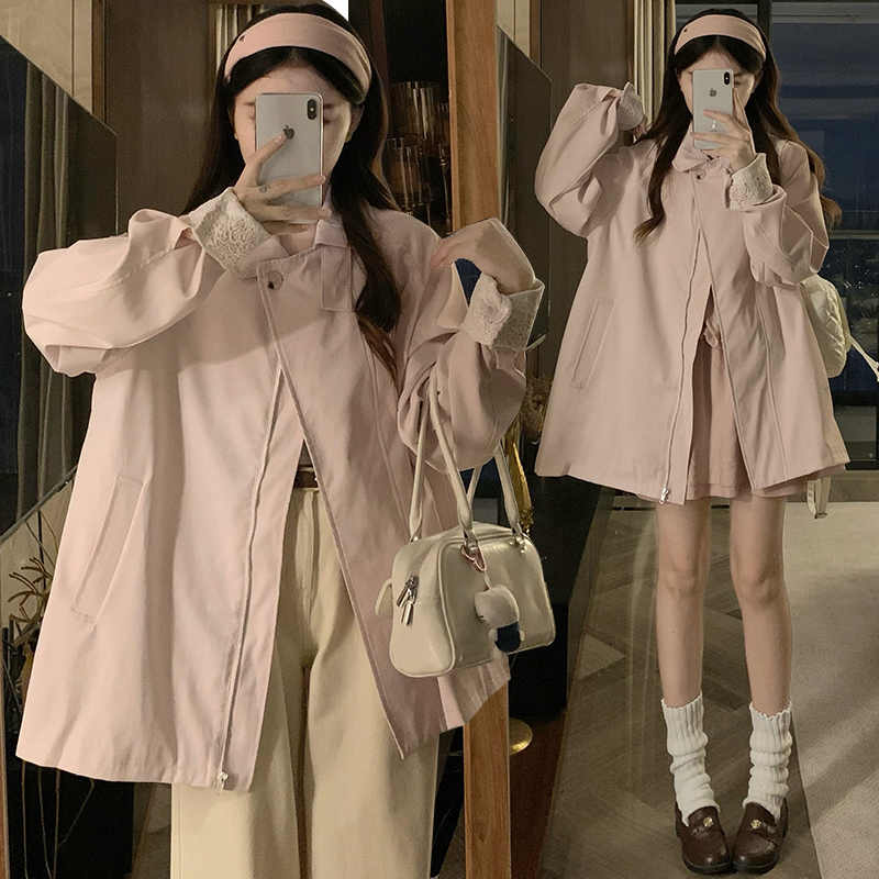 蕾丝拼接设计感风衣外套女秋装2025新款初高中学生宽松中长款大衣