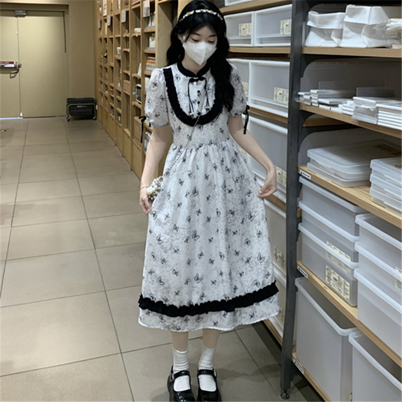泡泡袖蝴蝶印花连衣裙少女2025夏季新款初高中学生复古荷叶边裙子